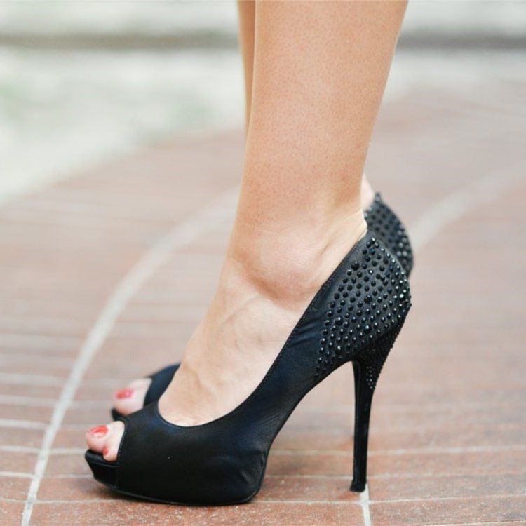 Fashion Black Platform Heels Peep Toe Stiletto Rivets Pumps |FSJ Shoes