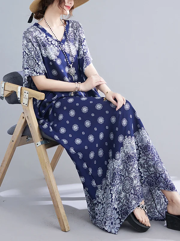 Original Artistic Retro Stamped V-Neck Short Sleeves Maxi Dress