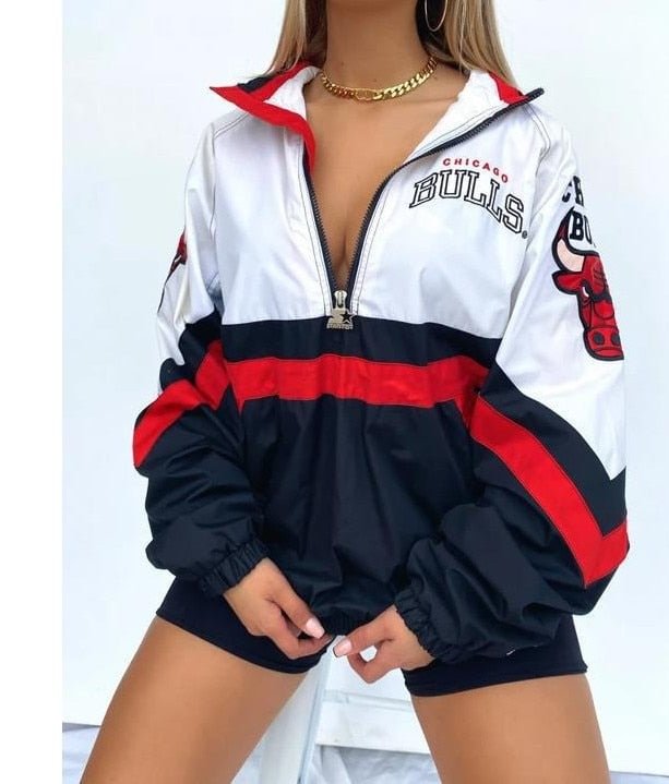 3XL Spring and Autumn Fashion Baseball JacketsCasual V-neck Zipper Pullover Printed Plus Size Jacket for Women Coat Women Jacket - BlackFridayBuys