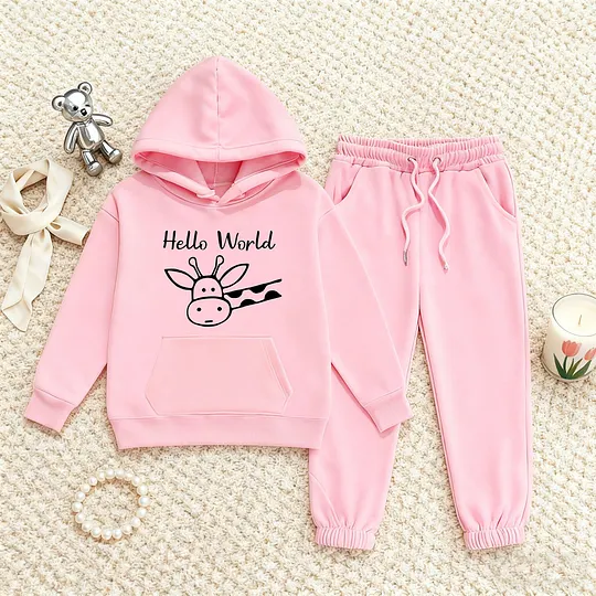 【2Y-13Y】Festive Fleece-Lined Hoodie And Jogger Set Hello World Giraffe Design For Kids