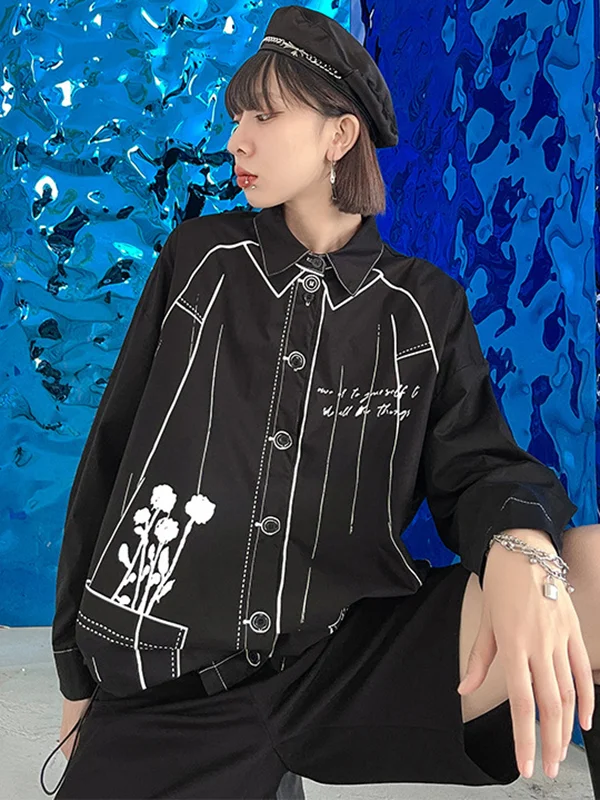 Casual Contrast Color Stamped Drawstring Blouse Top