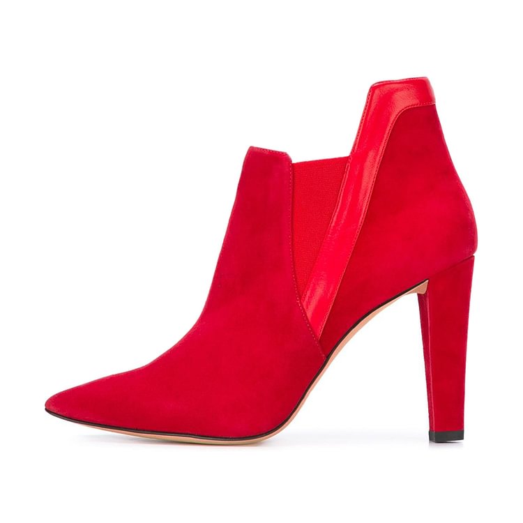 Women's Red Commuting Suede Pointed Toe Chunky Heel Boots |FSJ Shoes