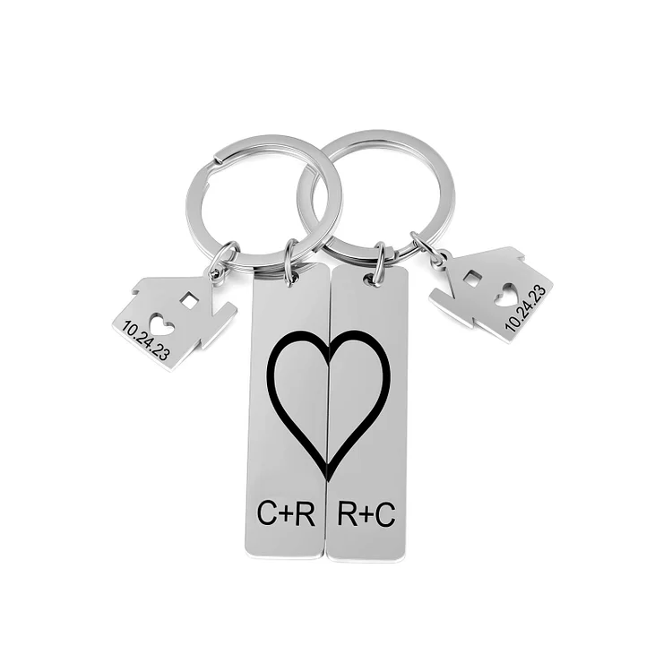 Personalized Heart Couple Keychain Set Engraved Date Initial Matching Couple Gift