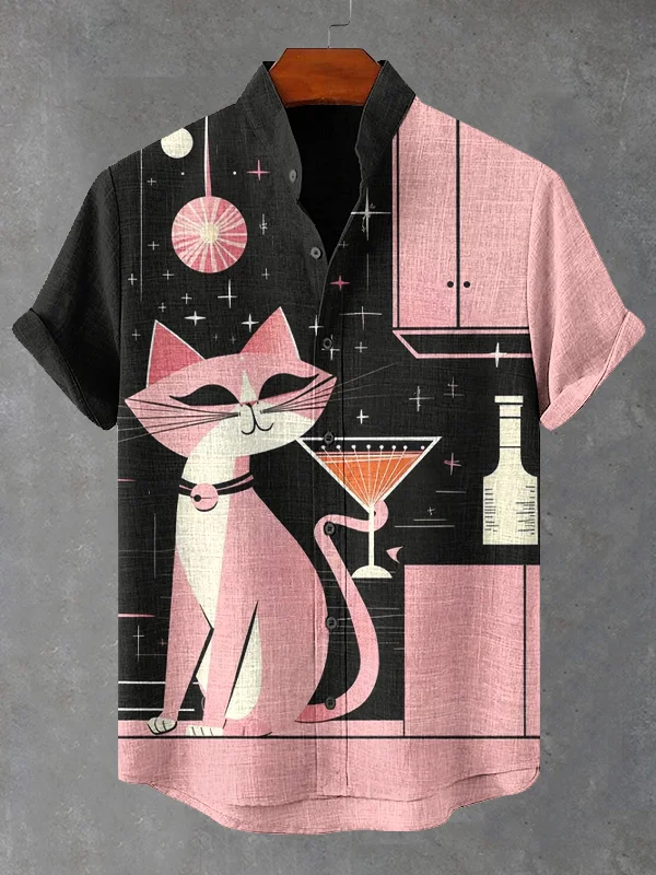 Men's Retro Cat Cocktail Party Art Print Short Sleeve Shirt