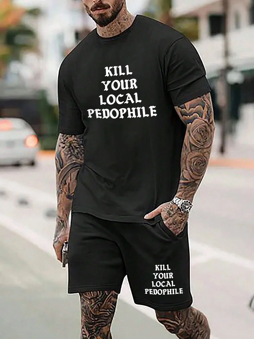KILL YOUR LOCAL PEDOPHILE Black T-shirt and Shorts Printed Suit