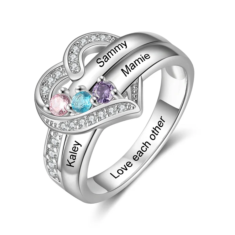 S925 Silver Personalized Mother Ring with 3 Birthstones Heart Family Ring