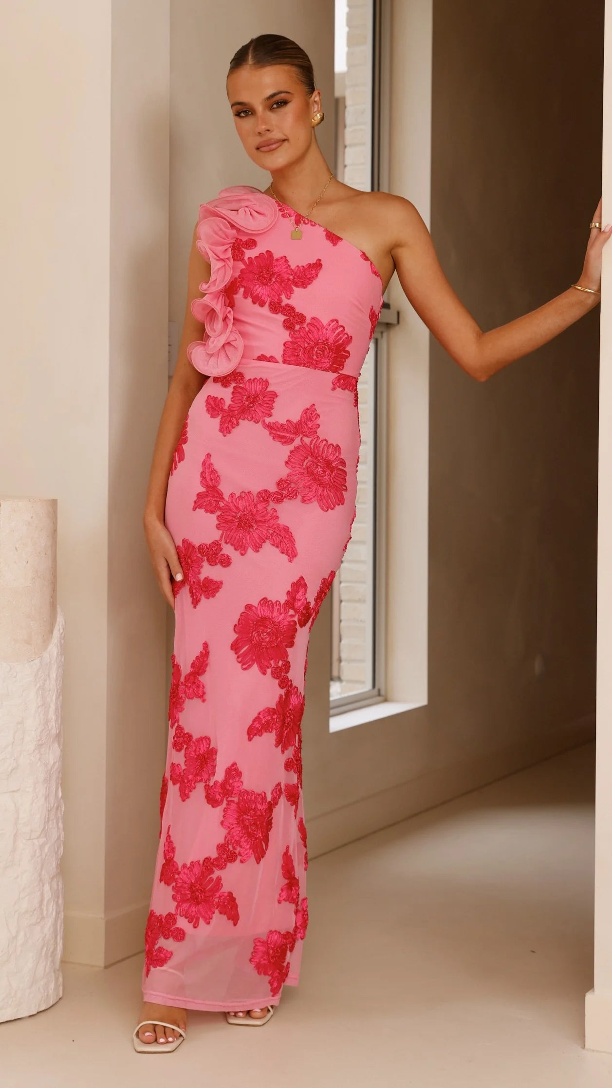 One Shoulder Ruffle Slit Dress With Floral Waist Cabernet main image 1