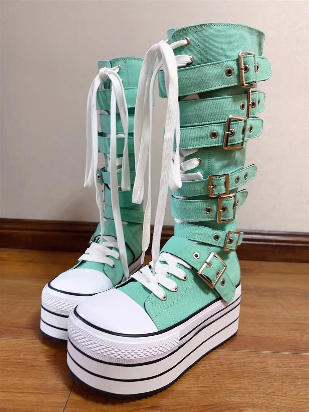 VCshoes Women Wasteland Punk Long Boots Woman High Wedges Heels Pumps Lady Dress Party Shoes Round Toe Green Canvas Shoes Buckles