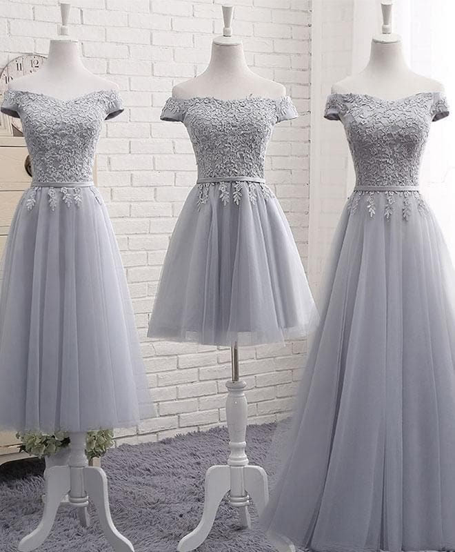 Gray A Line Lace Off Shoulder Prom Dress, Lace Evening Dresses
