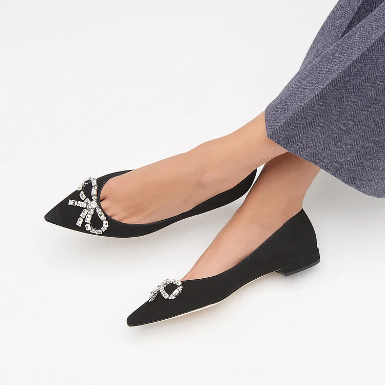 Black Vegan Suede Rhinestone Bow Embellished Pointed Toe Flats |FSJ Shoes
