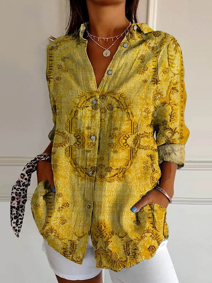 Women's Ethnic Floral Art Print Casual Cotton Shirt