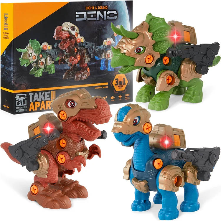86-Piece Pack of 3 Toy Dinosaurs, STEM Set w/ Lights & Sounds, Movable Parts