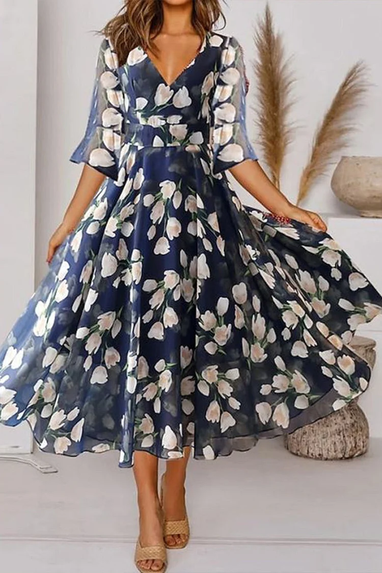 Plus Size Casual Navy Blue Floral Print Layered Flare Sleeve Midi Dress  Flycurvy [product_label]