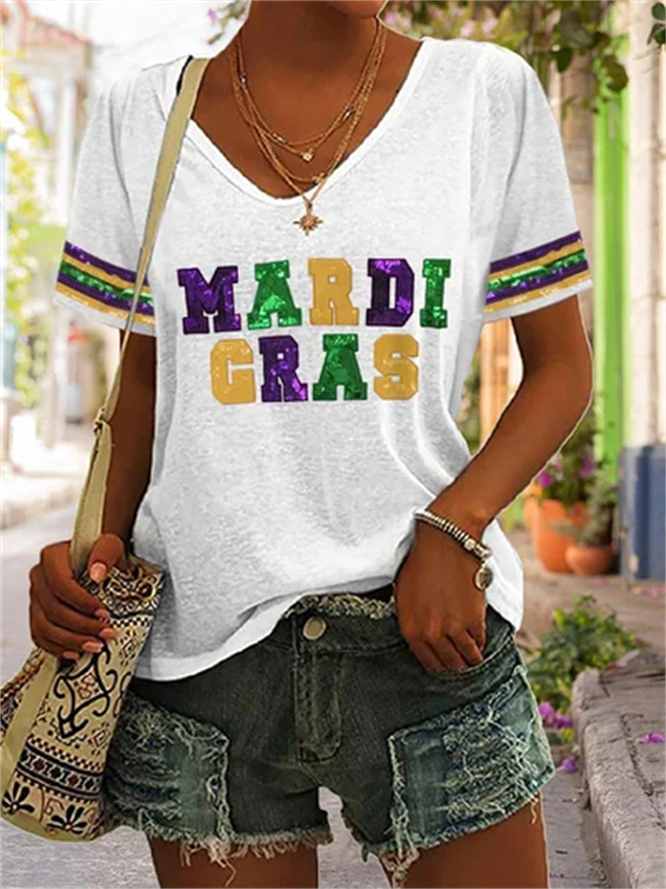VChics V-Neck Mardi Gras Purple Green And Gold Print T-Shirt
