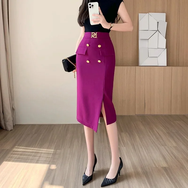 Ueong Elegant Women's Skirts Chic Buttons Intage Straight Pencil Skirt Office Ladies High Waist Slim Mid-Length Skirts P570