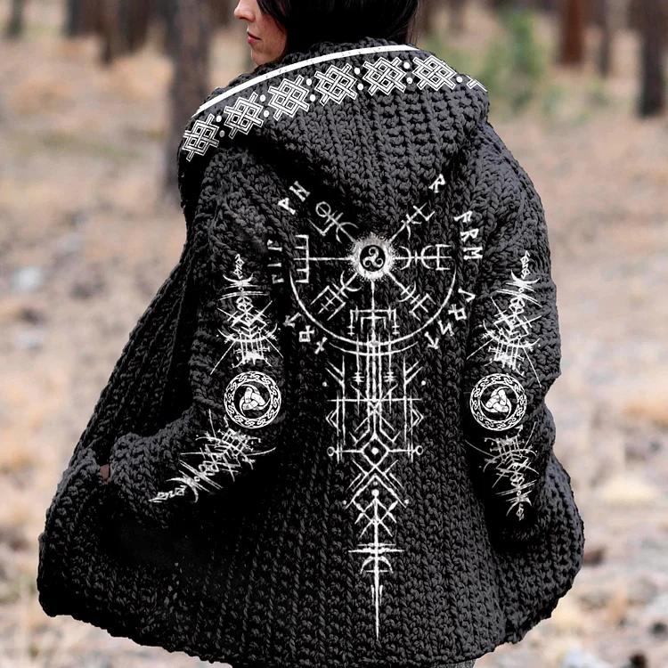 Retro Tribal Viking Runes Ethnic Graphics Hooded Cardigan Sweater