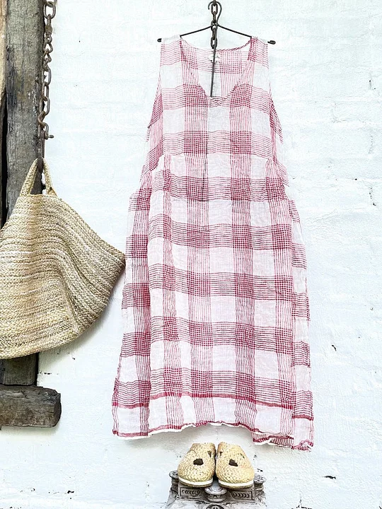 Casual V Neck Sleeveless Plaid Sleeveless Dress