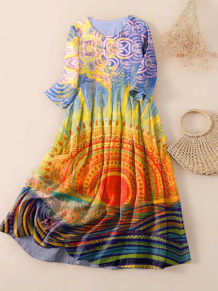 Women's Retro Summer Sun Hippie Ethnic Pattern Art Cotton Maxi Dress