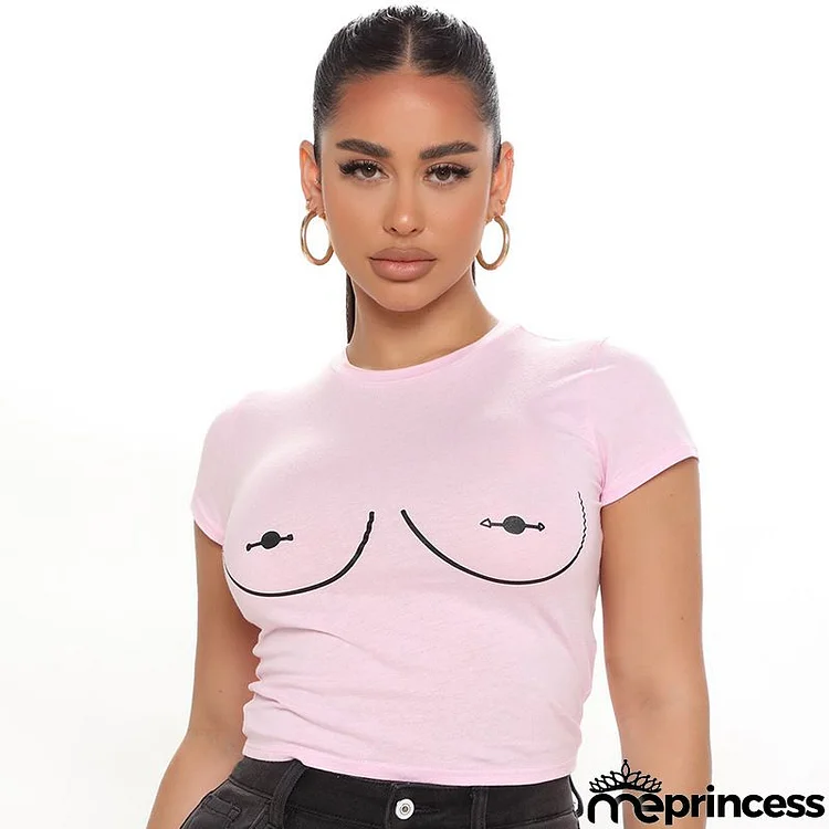 Women Edgy Casual 3D Printed Round Neck Short Sleeve Crop Top T-shirts