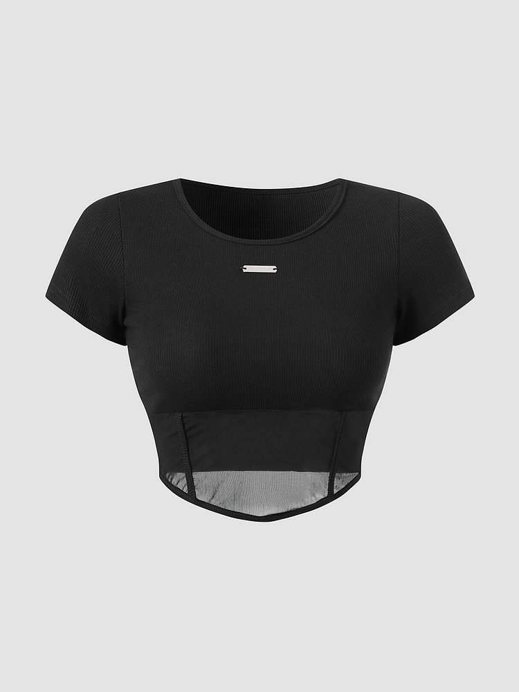 Mesh Stitch Solid Crew Neck Short Sleeve Crop Top