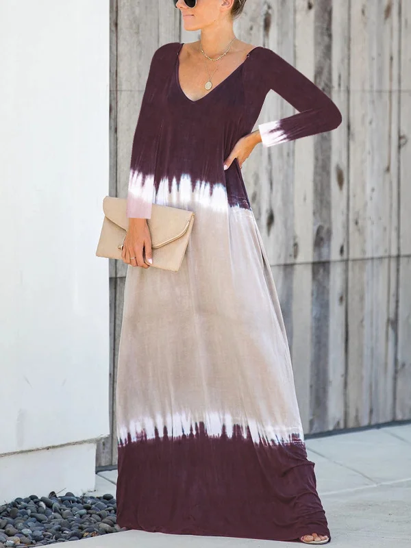 Original Roomy Contrast Color Tie-Dyed U-Neck Maxi Dress