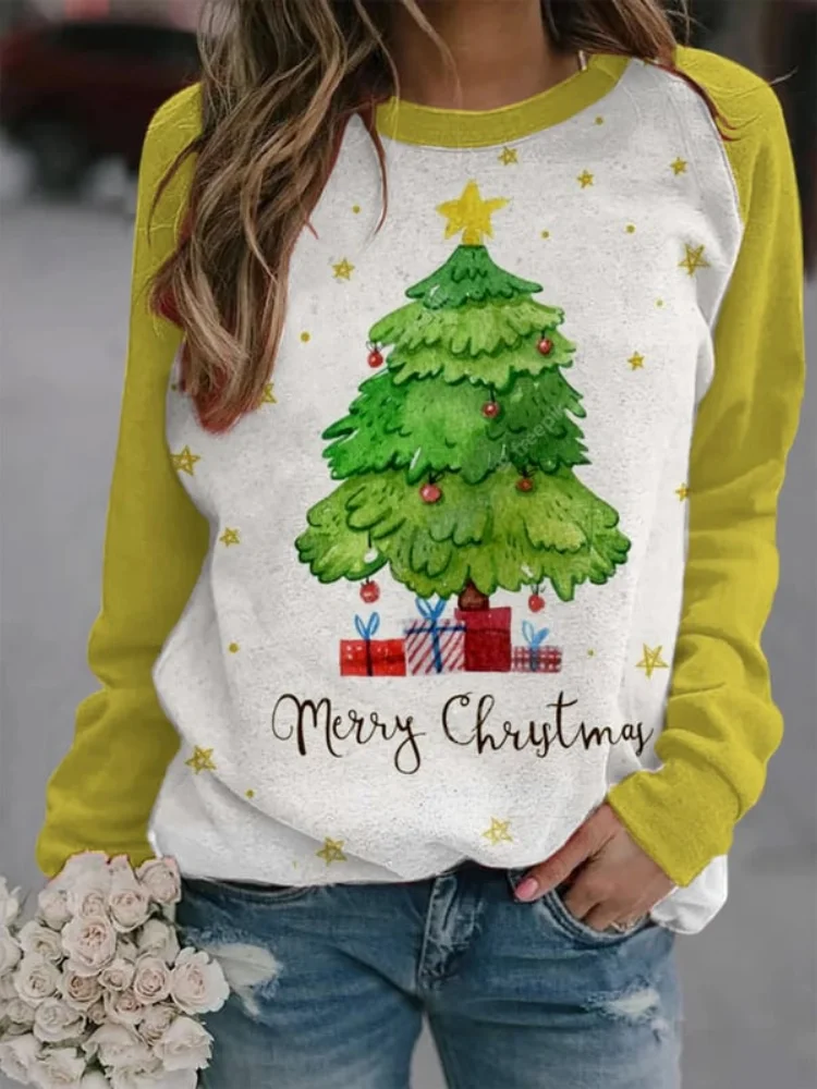 Vefave Merry Christmas Tree Gift Print Casual Sweatshirt