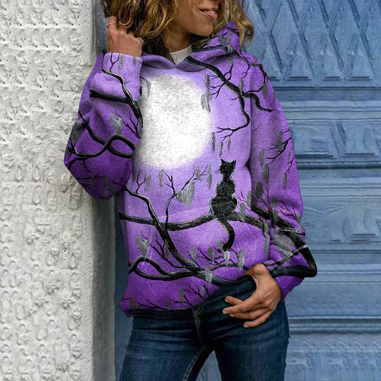 Vefave Cat Moon Print Long Sleeve Hoodie