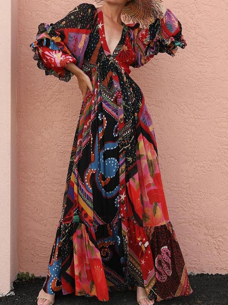 Glamorous Print V-Neck Long Sleeve Maxi Dress P12120