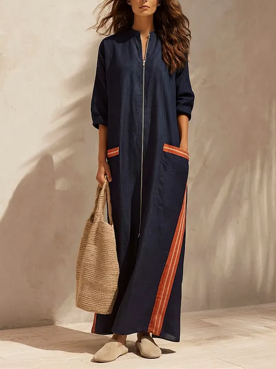 Women's Stand-Collar Half-Zip Cotton-Linen Maxi Dress With Contrast Stripes MD