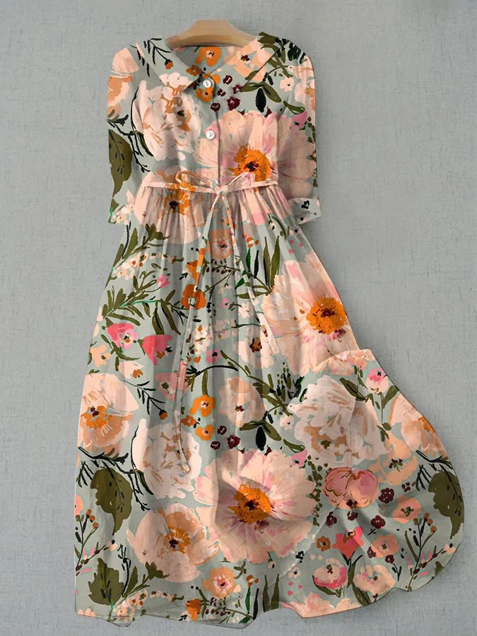 Casual Art Pastoral Flower Print Tie Loose Dress