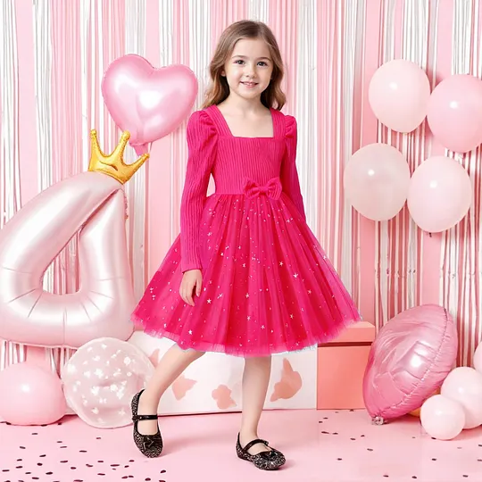 【2Y-7Y】Girls' Long Sleeve Patterned Mesh Patchwork A-Line Princess Dress With Bow Belt