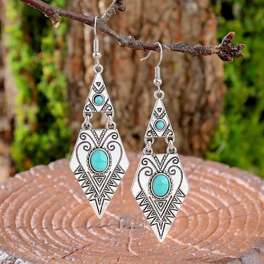 Retro Bohemian Turquoise Earrings Simple and Versatile Geometric Rhombus Metal Texture Earrings