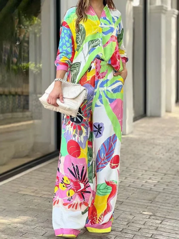 Contrast Color Printed Long Sleeves Buttoned Lapel Blouses Top+ High Waisted Pants Bottom Two Pieces Set