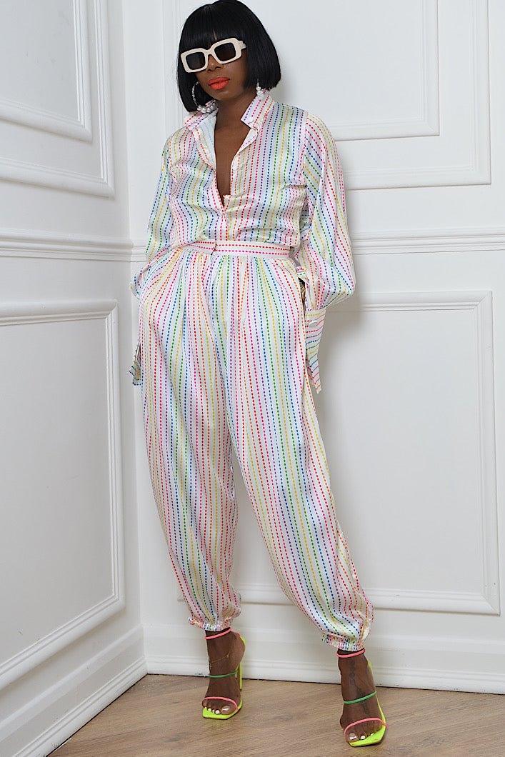 Unique Pinstripe Print Two Piece Pant Set