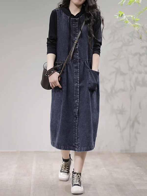 Roomy Sleeveless Pleated Split-Joint Round-Neck Midi Dresses