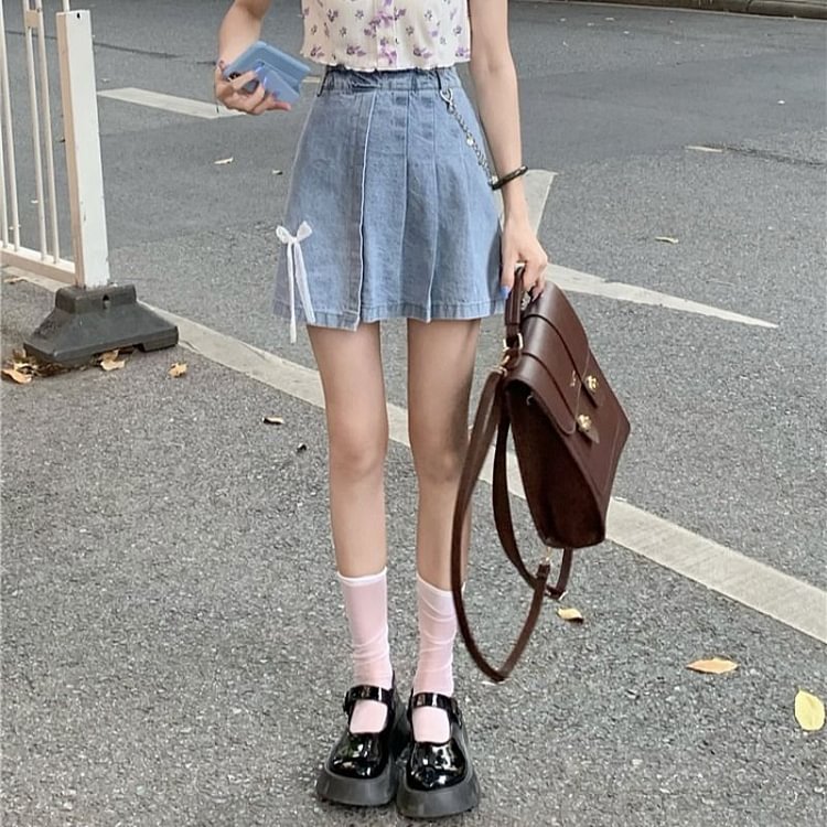 High-Waist Accordion Pleat Denim Skirt YP4353