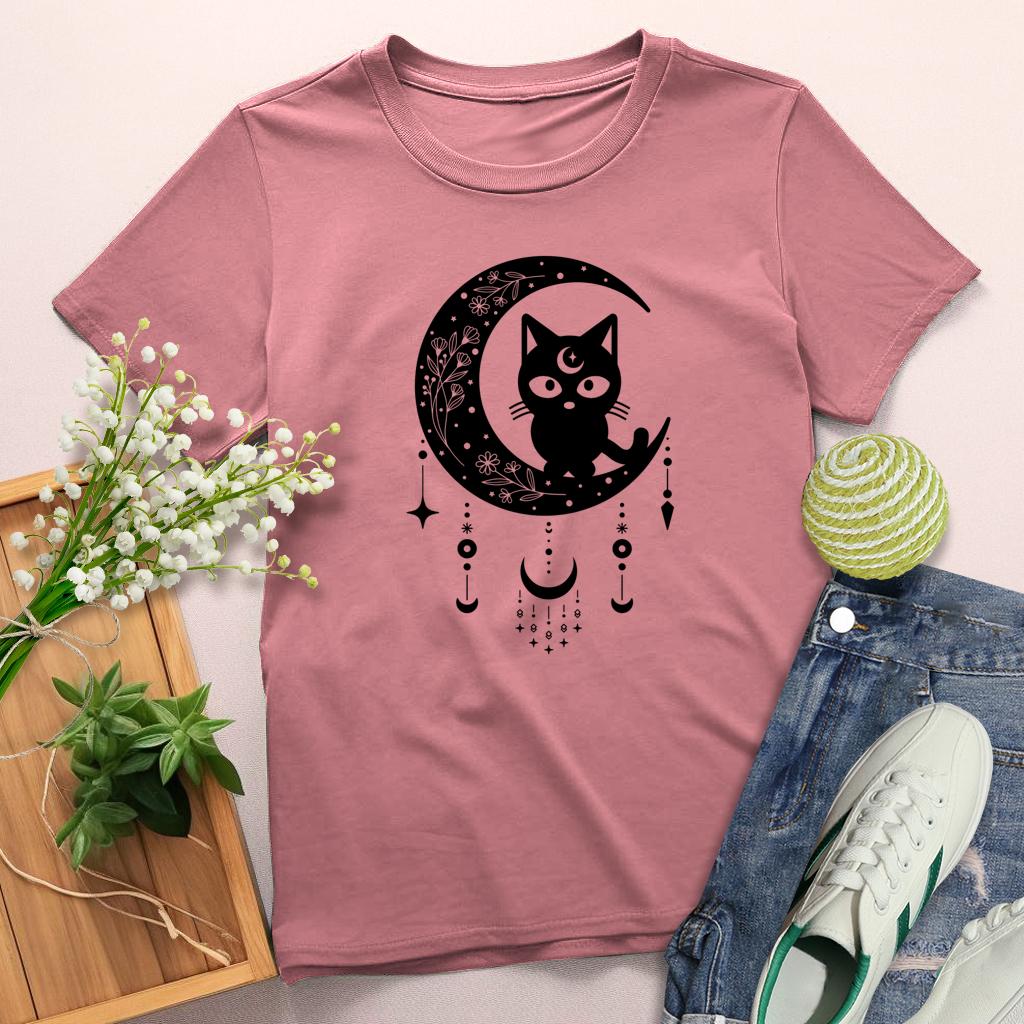 Cat Dream Catcher Round Neck T-shirt-0025183-Guru-buzz