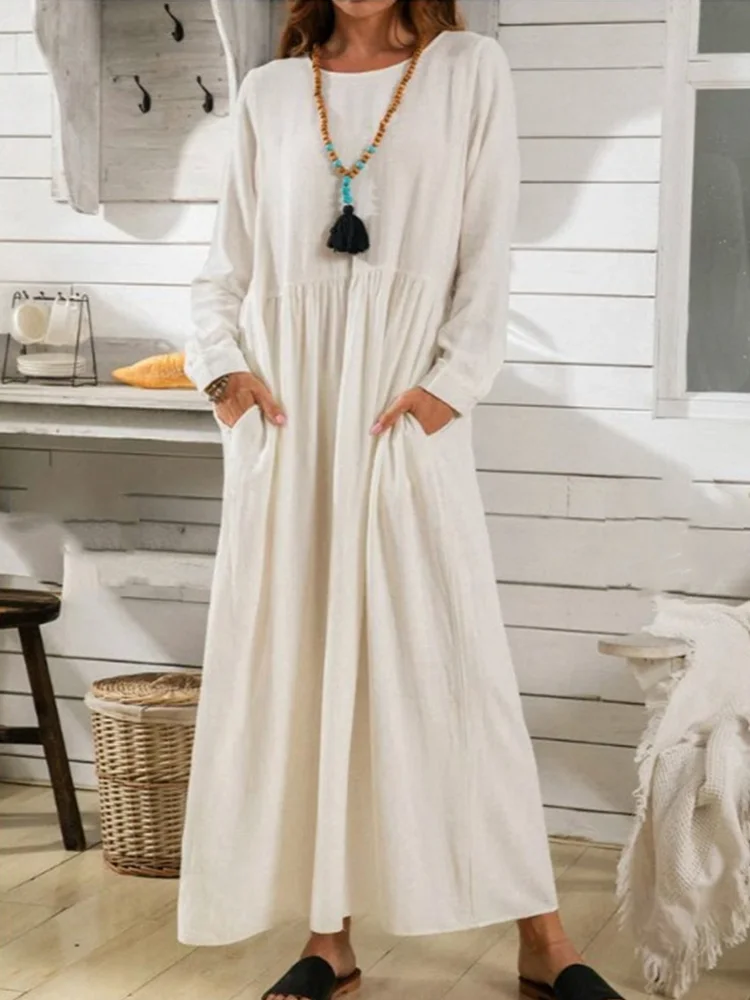 Vintage Loose Fit Long-Sleeve Maxi Dress