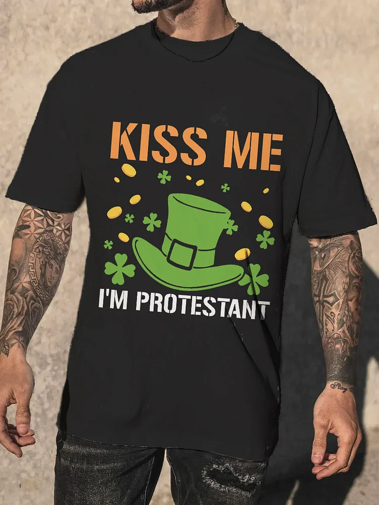 Men's Kiss Me I'm Protestant Green Hat St. Patrick's Day Print T-Shirt