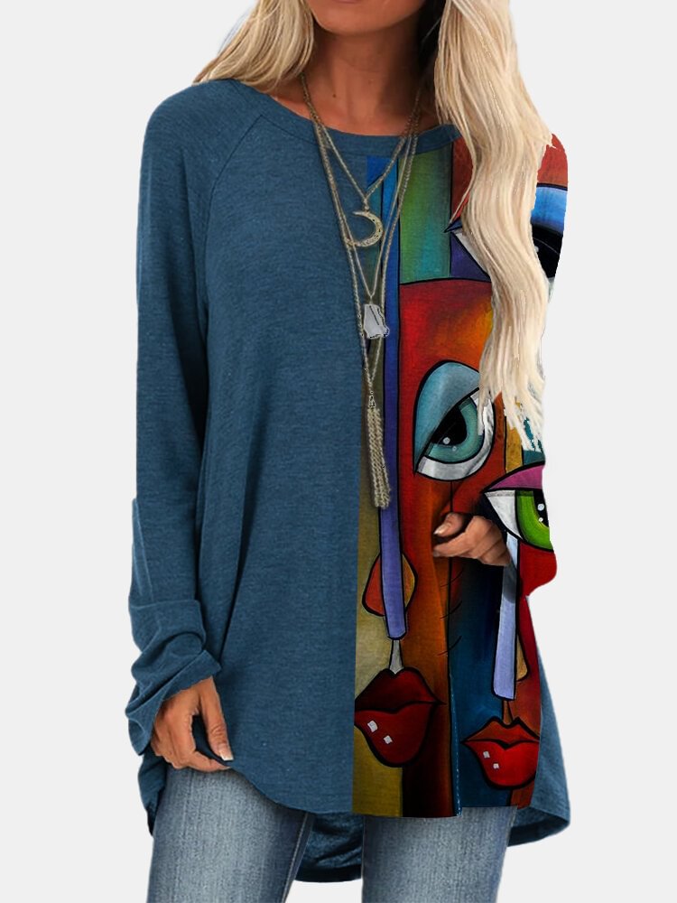 Vintage Printed Long Sleeve O neck Patchwork T shirt For Women P1743054