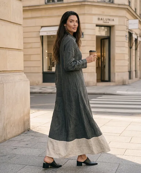 Women's Casual Grey Cotton-linen Long-sleeved Maxi Dress MD