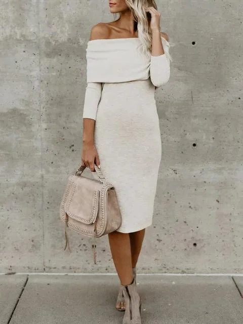 Off Shoulder White Sheath Women Daily 3/4 Sleeve Basic Paneled Fall Dress