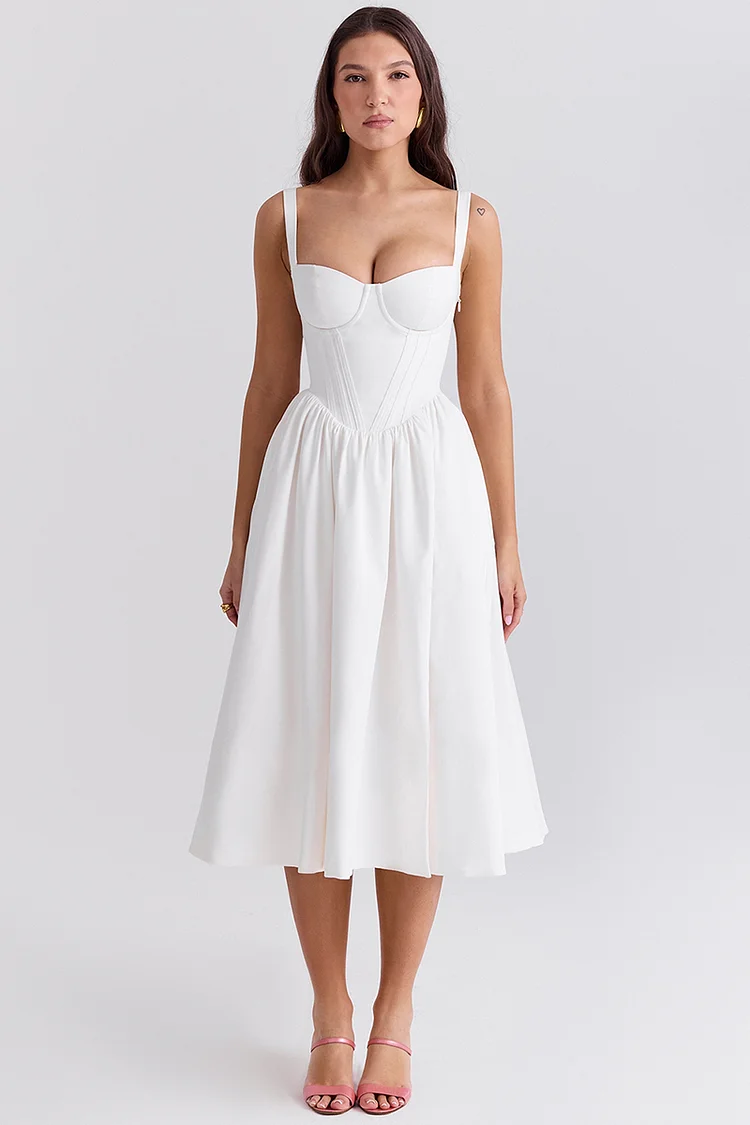 Spaghetti Strap Corset Lace Up Pocket Slit Midi Dresses-White [Pre Order]