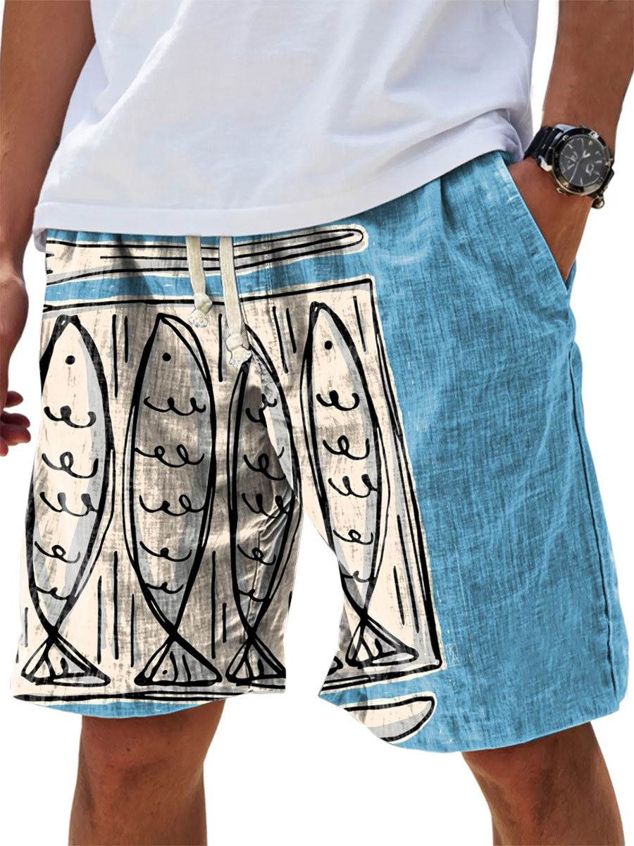 Sardines Can Print Loose Button Elastic Waist Shorts Set