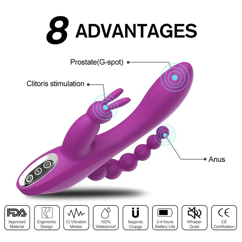 Triple Pleasure Rabbit Vibrator with Anal Beads - Rose Toy