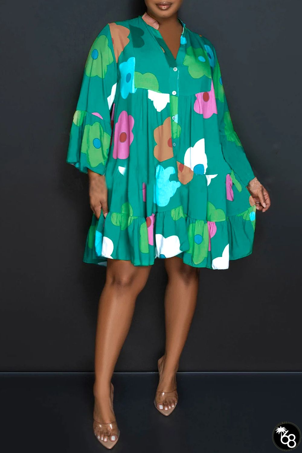 Green Casual Print Patchwork Buttons Fold V Neck A Line Dresses | 168DEAL