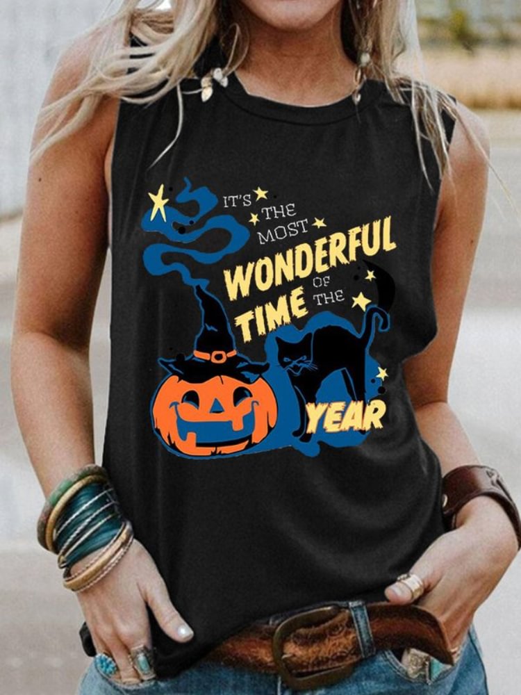 Colorful Alphabet Pumpkin And Cat Print Casual Crew Neck Tank Top