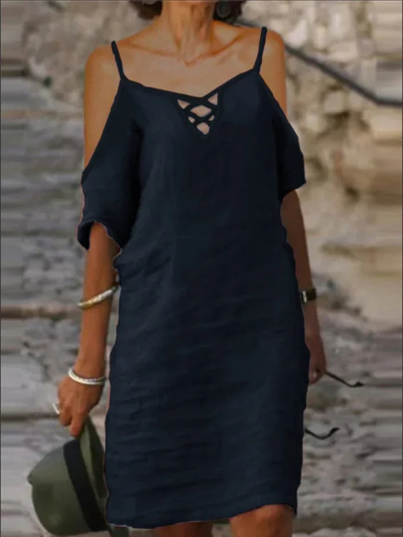 Women's Lace-up Hollow Off-shoulder V-Neck Short Sleeve Maxi Dress