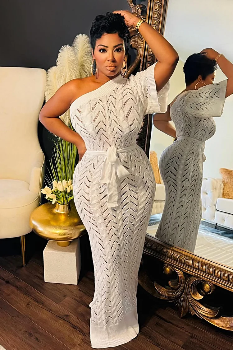 One Shoulder Textured Knit Bodycon Coverup Maxi Dresses-White [Pre Order]