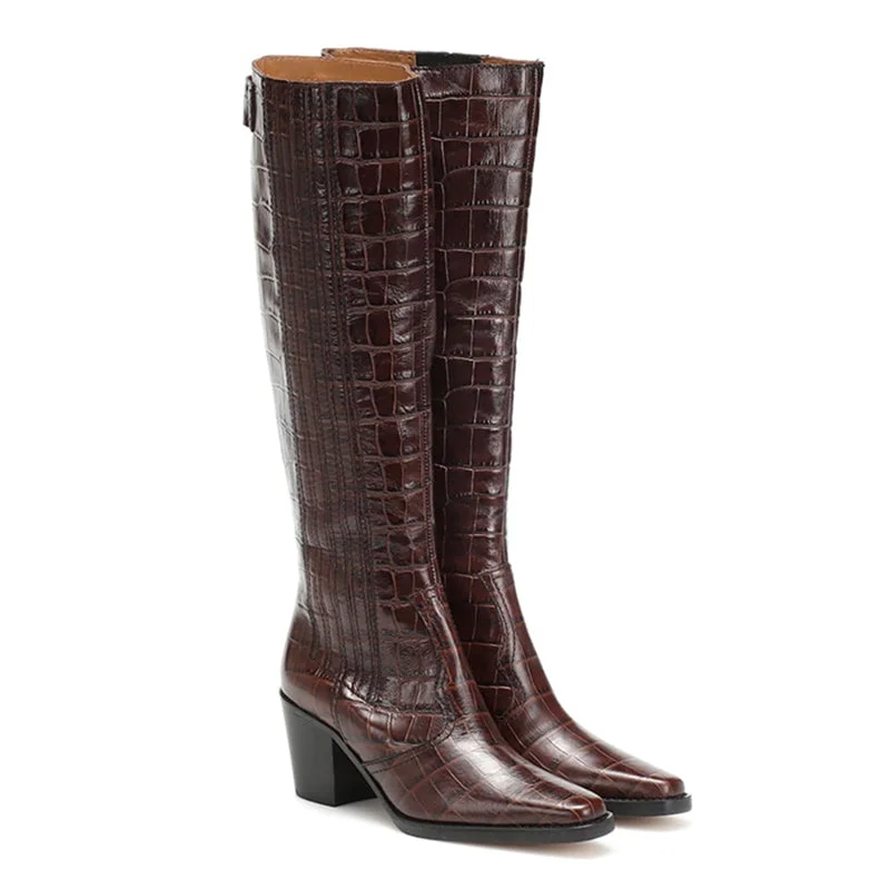 High Heels Riding Boots for Women Crocodile Pattern Boots in Black/Brown Leather - Knee High Boots Side Zipper